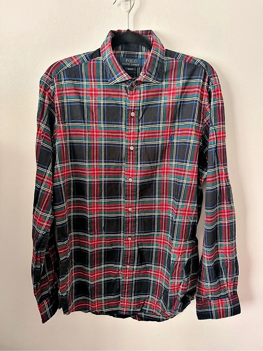 Polo Ralph Lauren Slim Fit Tartan Plaid Twill Shirt Black & Red size Large